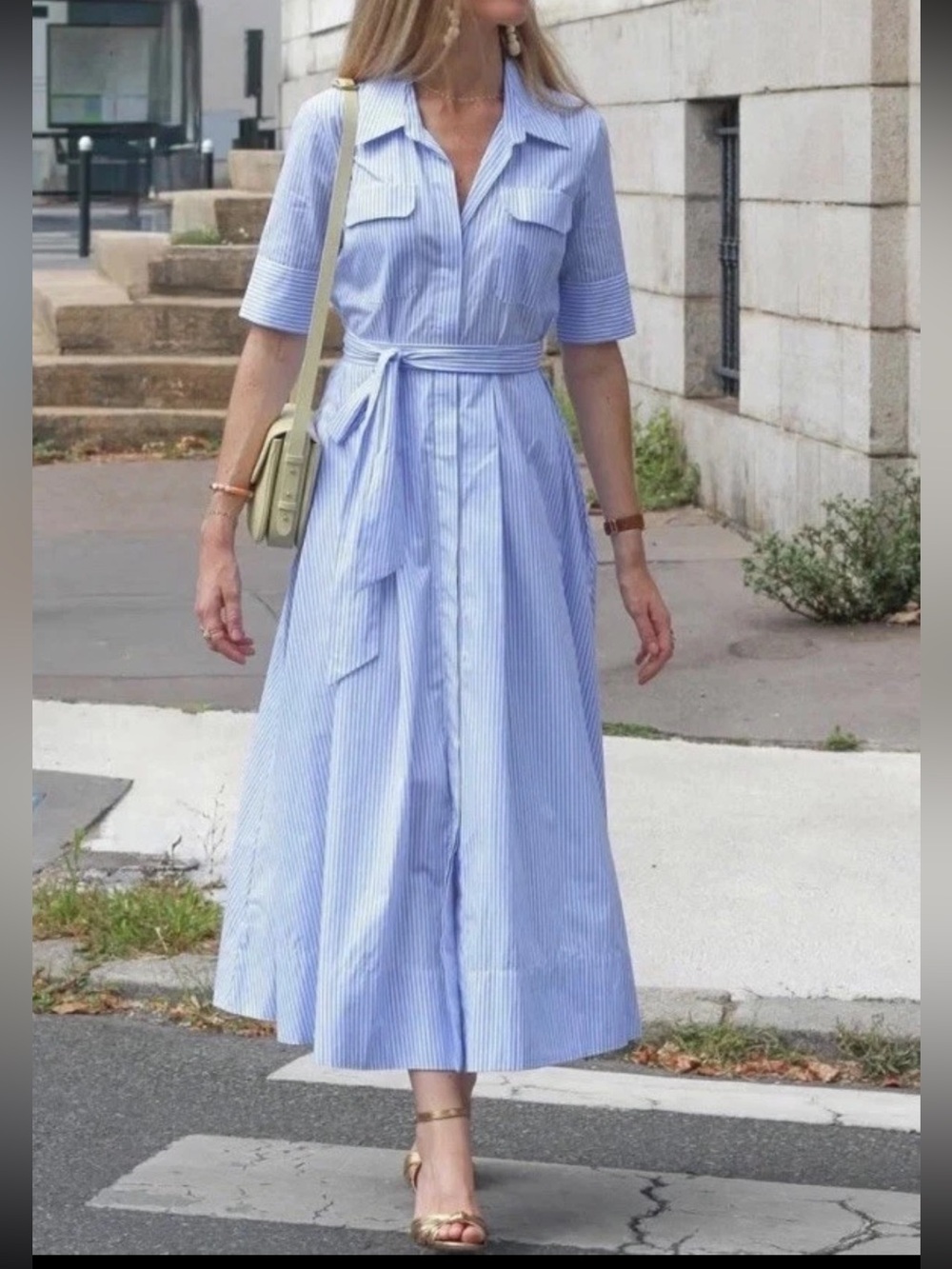 Zara Blue Pinstripe Midi Shirt Dress with Tie Waist